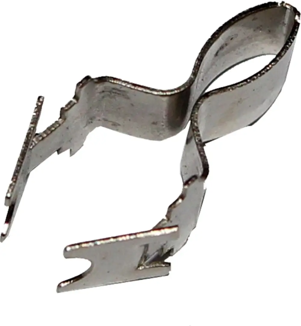 Edelstahl-Rastclip in Form eines Männchens, montierbar, für Anwendungen von Wolf, strukturiert und funktionell gestaltet, um elektrische Verbindungen zu sichern.